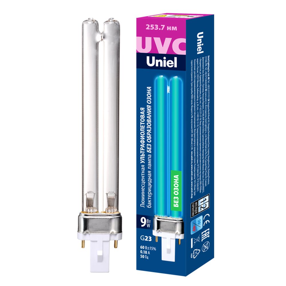ESL-PL-9-UVCB-G23-CL Лампа люминесцентная ультрафиолетовая бактерицидная. Спектр UVC 253.7нм. Картон. ТМ Uniel
