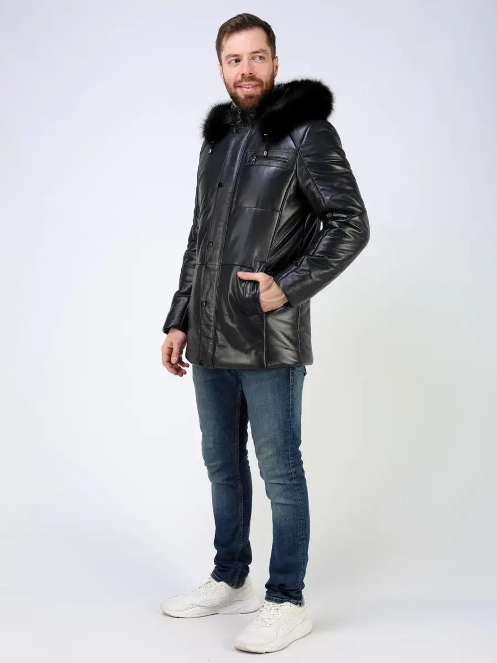 Куртка зимняя кожаная с капюшоном пуховик