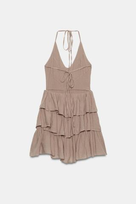 ZARA ПЛАТЬЕ ИЗ ГАЗАРА С ВОЛАНАМИ И ВОРОТНИКОМ ХАЛТЕР, СВЕТЛО-СЛИВОВЫЙ