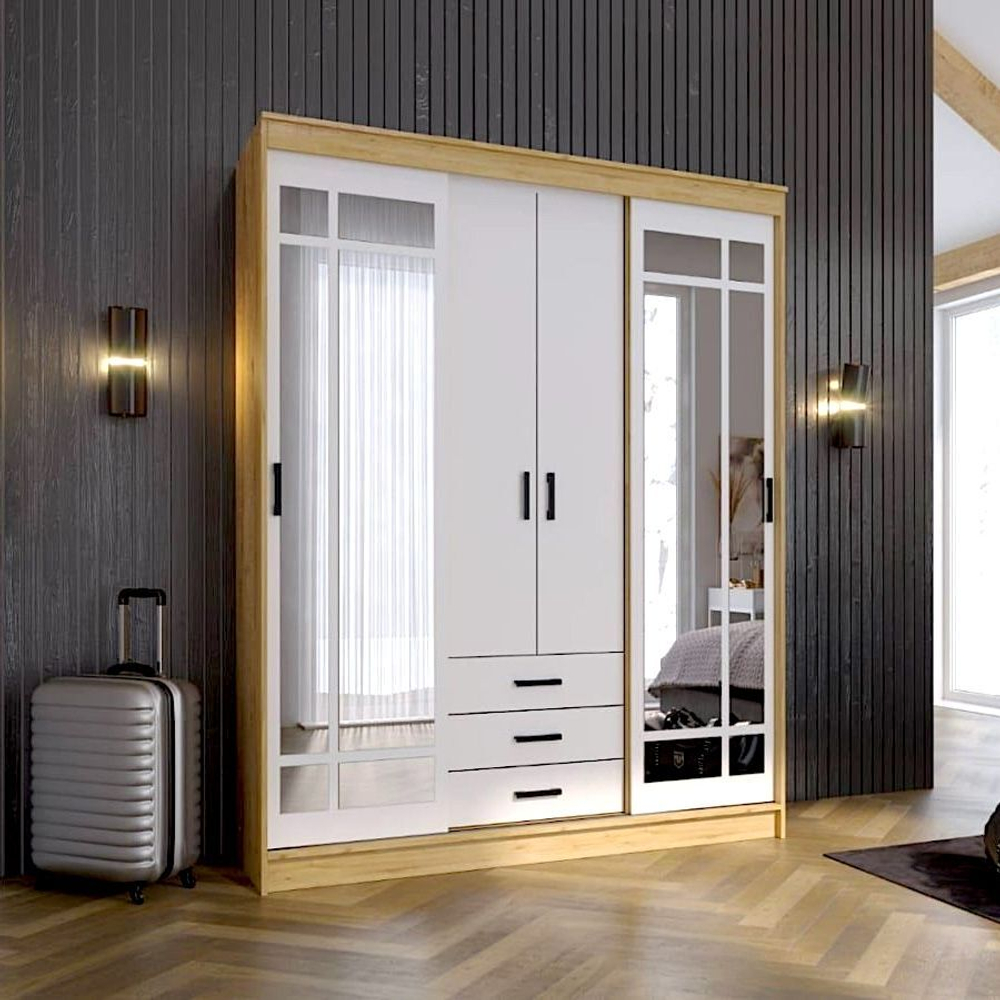 Шкаф-купе белый/дуб Вотан с зеркалом четырехдверный с ящиками