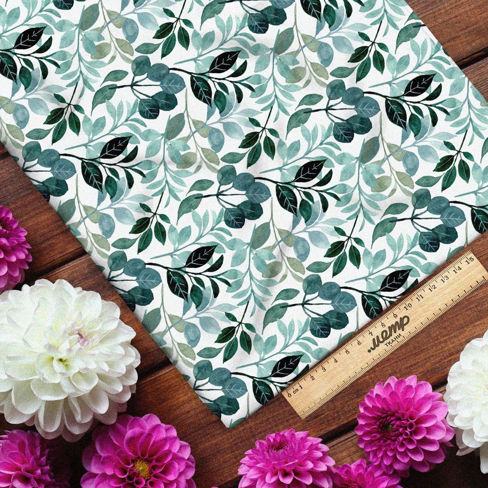 Ткань бифлекс акварельные листочки и цветочки