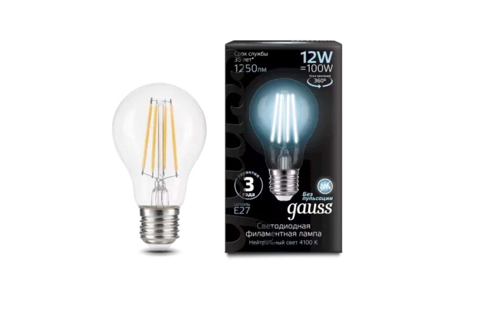 Лампа GAUSS Filament А60 12W 1250lm 4100К Е27 LED 1/10/40 102902212