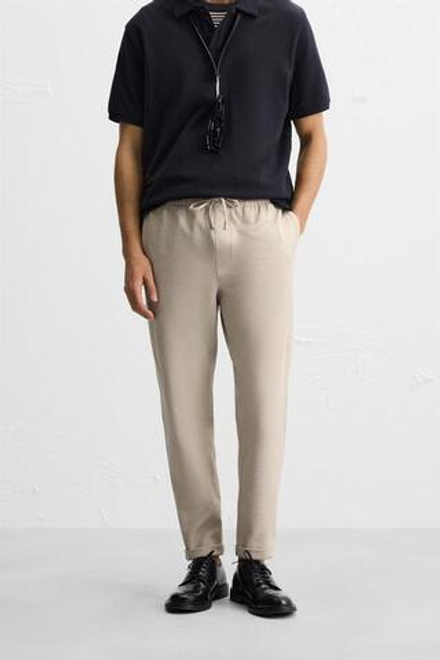 ZARA БРЮКИ EASY CARE С ПОЯСОМ НА ШНУРКЕ, ПЕСОЧНЫЙ