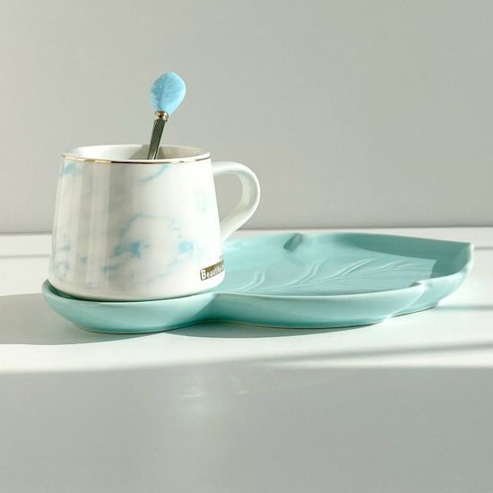 Чайная пара керамическая «Листочек», 320 мл, цвет голубой