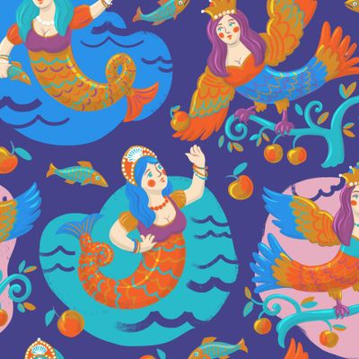 Жар-птицы и русалки на темно-синем