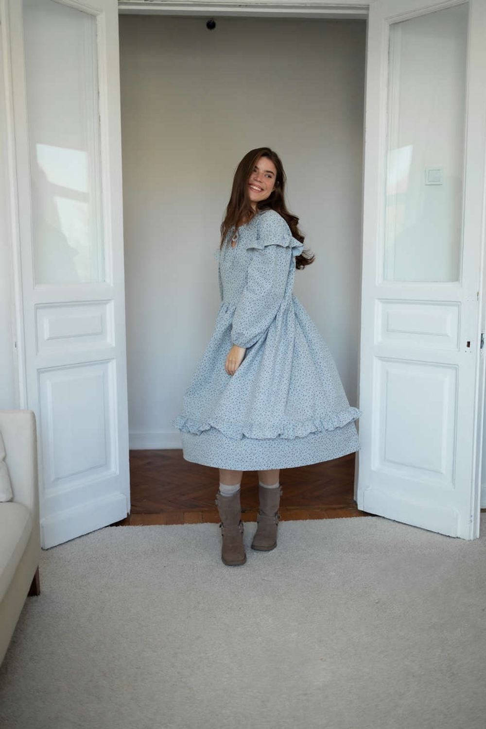 Платье Ася из фланели для беременных и кормящих мам, Серо-голубой с кофейными цветами