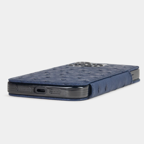 Чехол для iPhone 16 Pro Max из кожи страуса, синего цвета