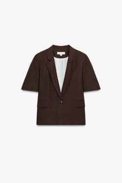 ZARA БЛЕЙЗЕР ИЗ ЛЬНА С КОРОТКИМИ РУКАВАМИ, КОРИЧНЕВЫЙ