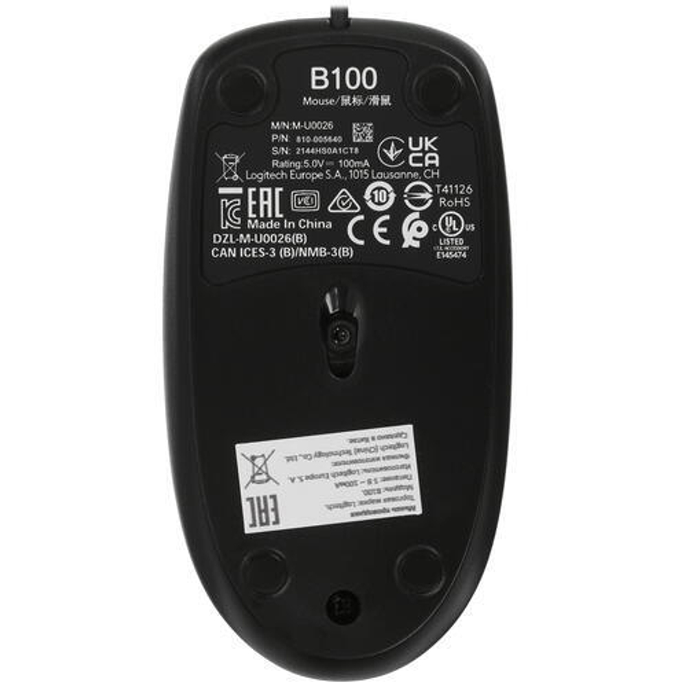 Мышь проводная Logitech B100, 800dpi, черный, Retail, 1.8м (910-005547)