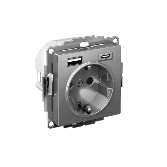 Розетка 1-м СП AtlasDesign 16А IP20 с 2-мя заряд. устройствами USB тип A+C механизм сталь SE ATN000932
