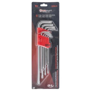 Набор ключей Г-образных TORX экстра длинных c отверстием CR-V, 9пр. (Т10,15,20,25,27,30,40,45,Т50), на пластиковом держателе FORCEKRAFT FK-5098L23