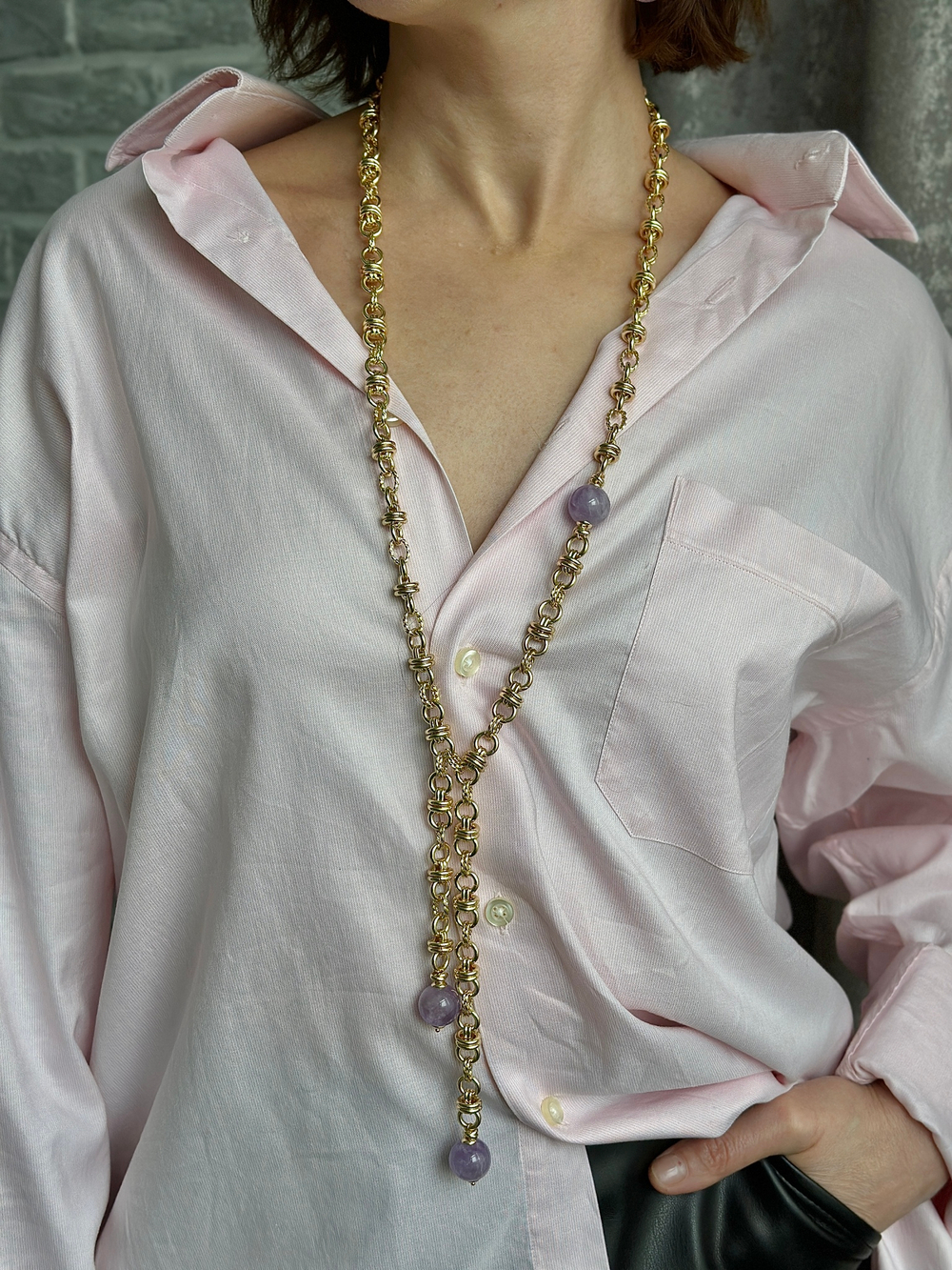 Колье галстук золотая цепь с аметистом