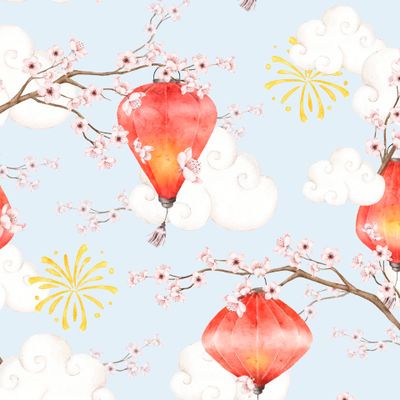 Цветущая сакура, китайские фонарики и фейерверк на голубом