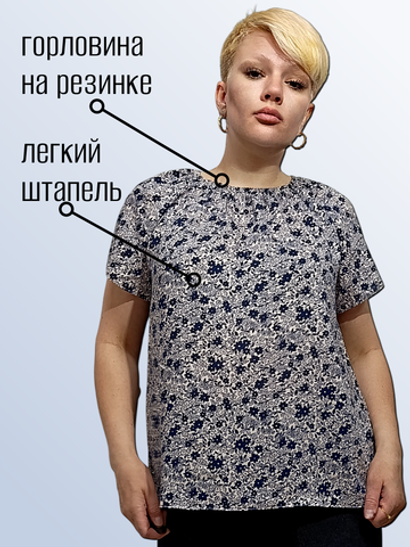 24411 Джемпер женский с коротким рукавом вискоза синие цветы на молочном  (60)