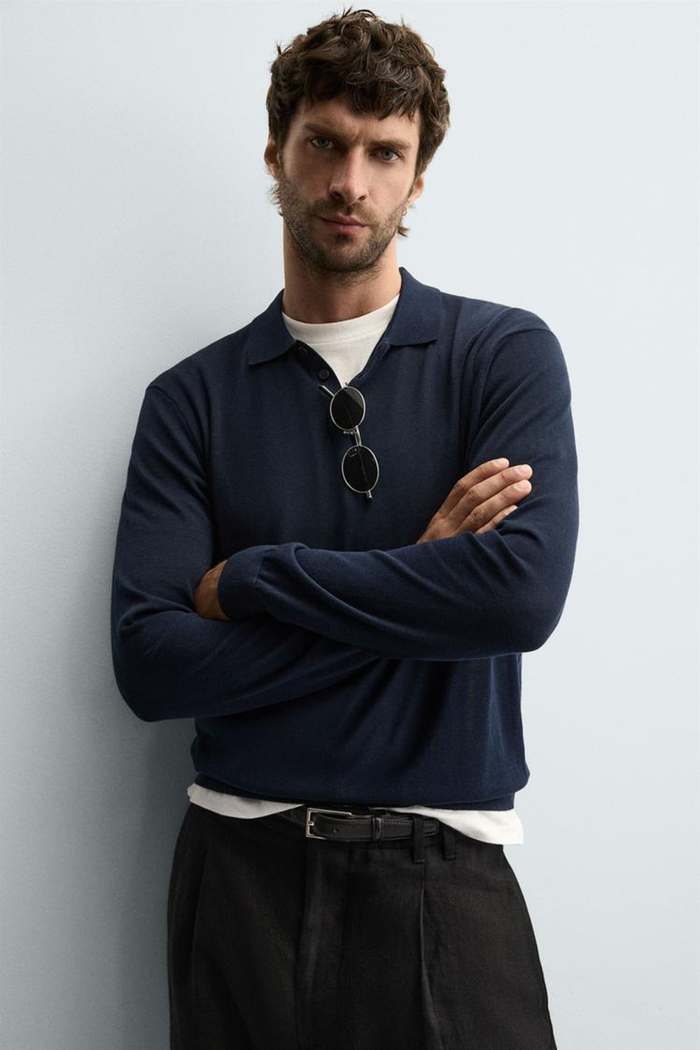 ZARA ПОЛО ИЗ ХЛОПКА И ШЕЛКА, МОРСКОЙ СИНИЙ