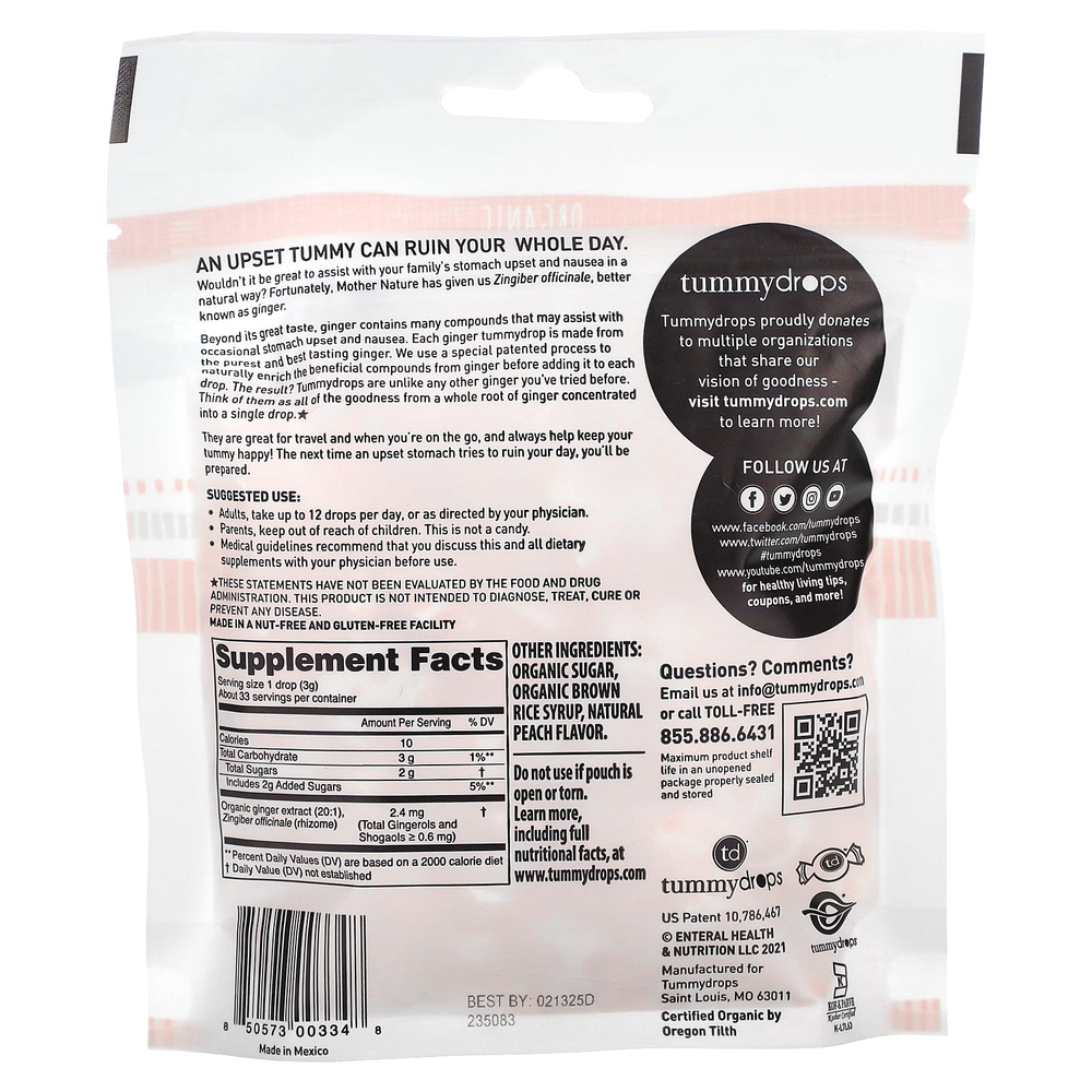 Tummydrops, органический персик с двойным имбирем, 33 пастилки