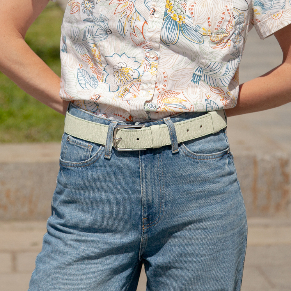 Женский ремень 35мм из кожи сафьяно, фисташкового цвета