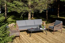 "Канны" лаунж-зона 5-местная из роупа со столом "Верона" (серый гранит), каркас алюминиевый коричневый, роуп коричневый