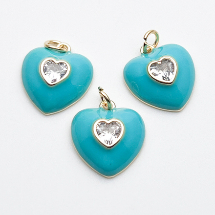 Подвеска Сердце, цвет золото+мятный, фианит, размер 13*12 мм, цена за 1 шт