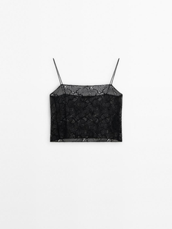 Massimo Dutti Кружевной топ на бретелях, черный