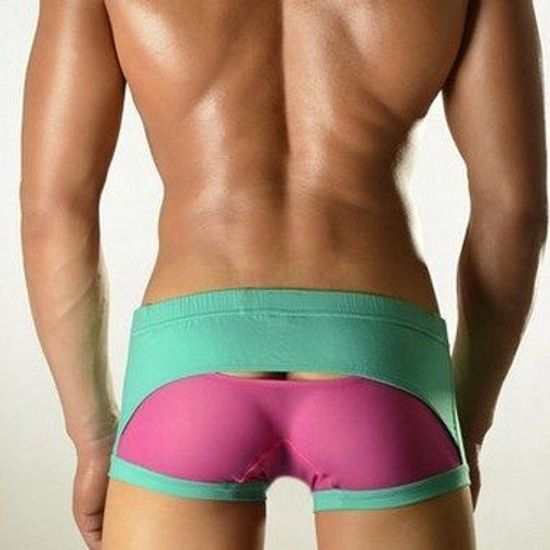 Мужские трусы хипсы бирюзовые с сеткой фуксия DOOP Green&Pink Net Trunk