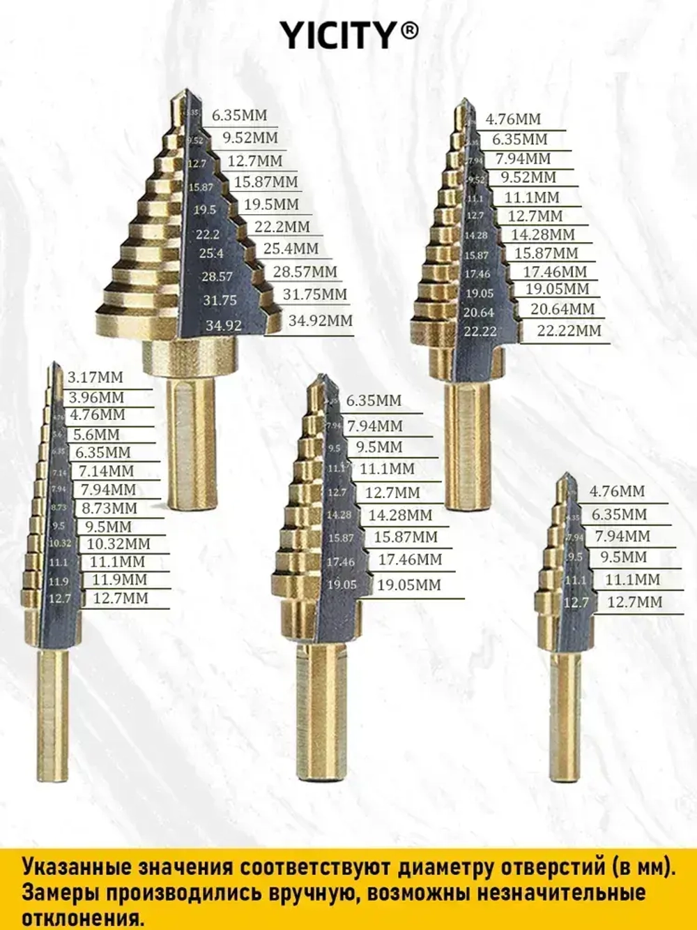 YICITY Набор ступенчатых сверел по металлу с титановым покрытием в кейсе 5шт (6-35, 5-22, 6-19, 5-13, 3-12мм)/трехгранный хвостовик/набор сверел по металлу