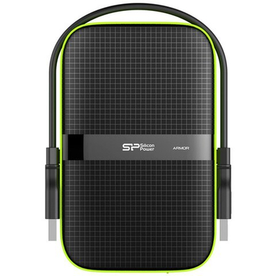 Silicon Power Armor - A60 2TB Portable HDD USB 3.2 Gen1 Black/Green, Shockproof MIL-STD 810G Method 516.6 Procedure IV, Water-resistant IPX4, LED light