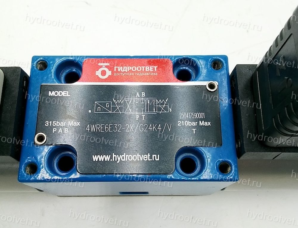 4WRE6E32-2X/G24K4/V - Пропорциональный распределитель с обратной связью по положению золотника без встроенной электроники Ду6, номинальный расход 32 л/мин, схема E