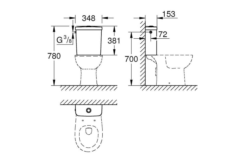 Внешний бачок Grohe Bau Ceramic наполнение сбоку 39437000