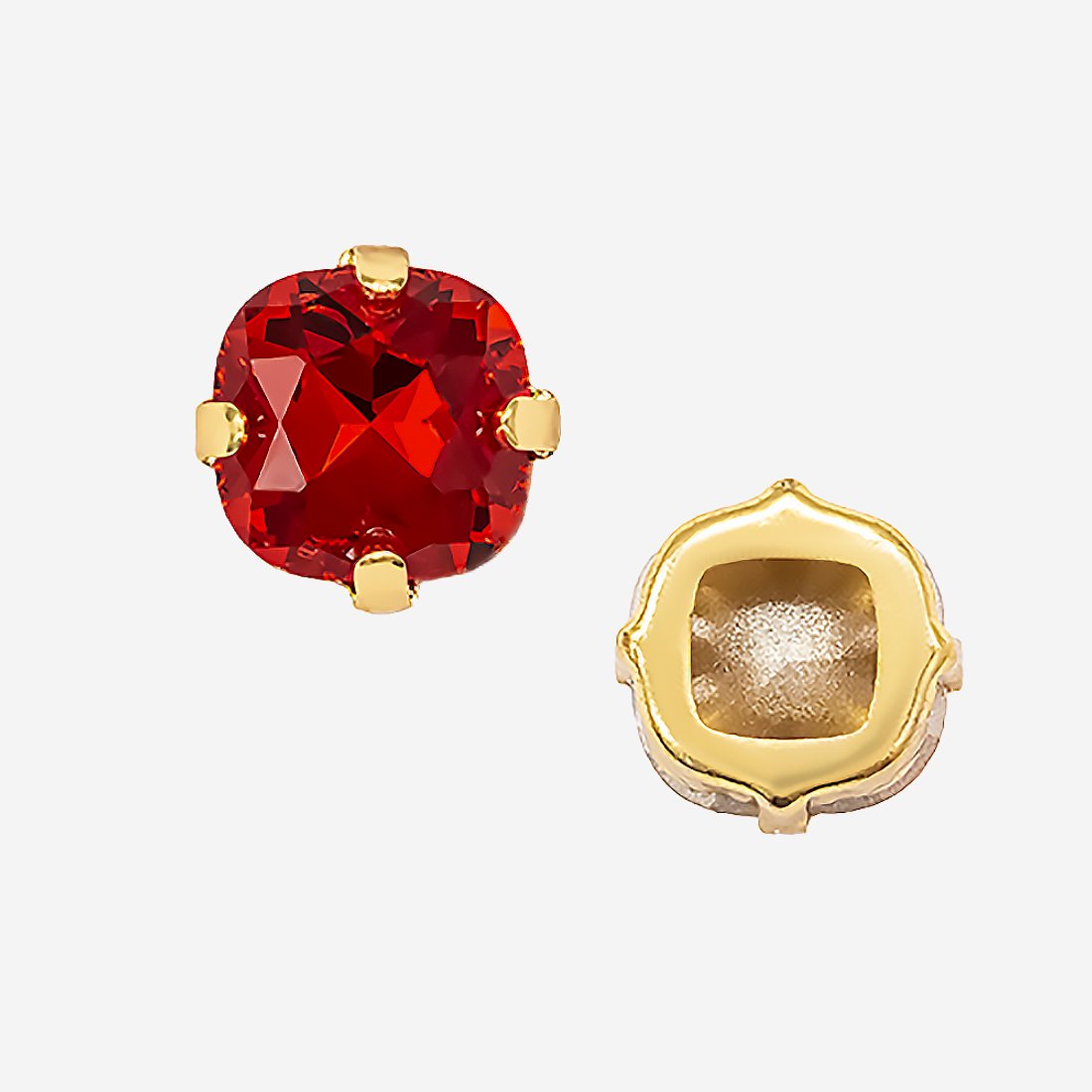 Кристалл Кушон (Сushion) в цапах, оттенок "Светлый Сиам"/"Light Siam", 9,2мм, позолота