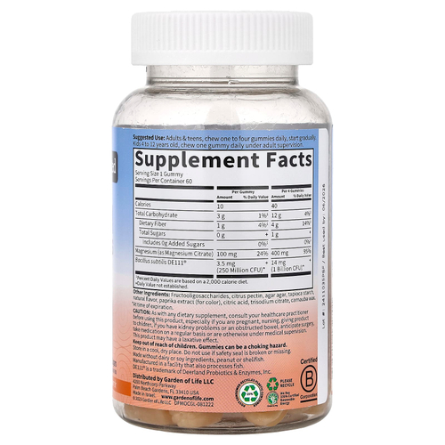 Garden of Life, Магний с жевательными таблетками с пребиотиками и пробиотиками, апельсиновый крем, 60 жевательных таблеток