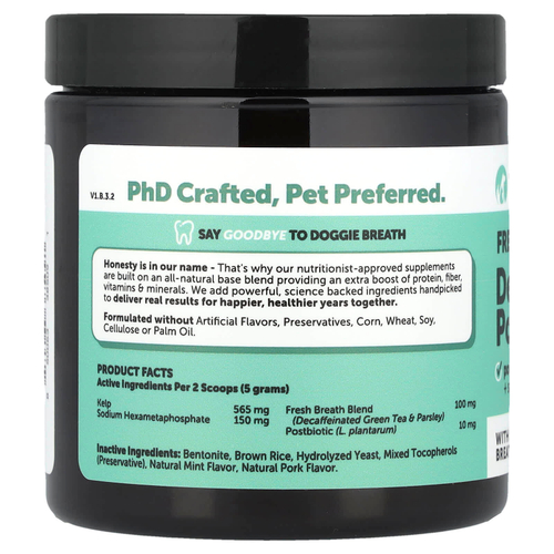 Pet Honesty, Стоматологический порошок Fresh Breath, для собак, мята, 150 г (5,29 унции)