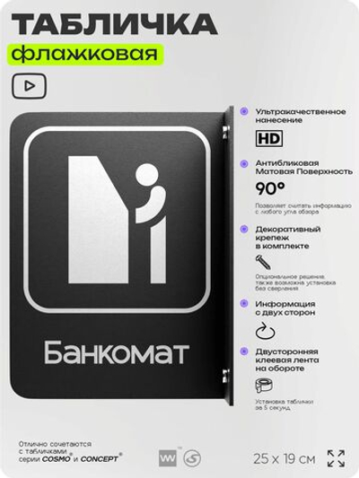 Табличка Банкомат флажковая на стену, двусторонняя с крепежом, 19 х 25 см, для офиса, кафе, ресторана, серия COSMO, Айдентика Технолоджи