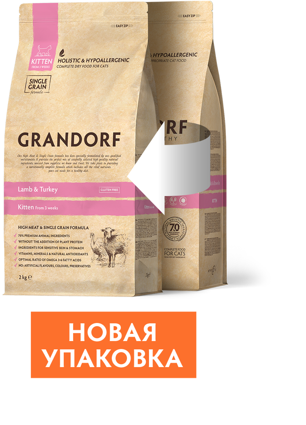 GRANDORF Сухой корм для котят, беременных и кормящих кошек с ягнёнком и индейкой 2 кг