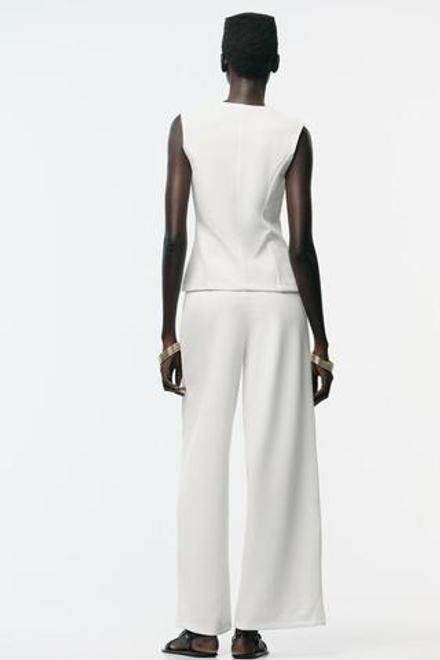 ZARA ШИРОКИЕ БРЮКИ ИЗ ТВИЛА, ЖЕЛТОВАТО-БЕЛЫЙ