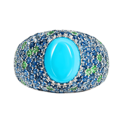 Кольцо с Бирюзой, Сапфирами и Цаворитами, R0072-0/59