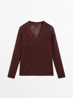 Massimo Dutti Свитер из 100% льна ажурной вязки, терракотовый