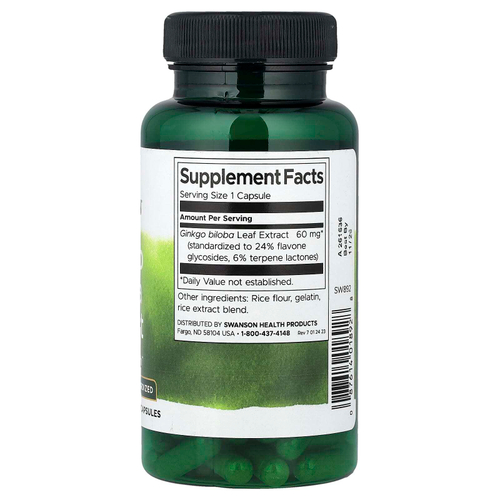 Swanson, экстракт гинкго билоба, стандартизованный, 60 мг, 120 капсул