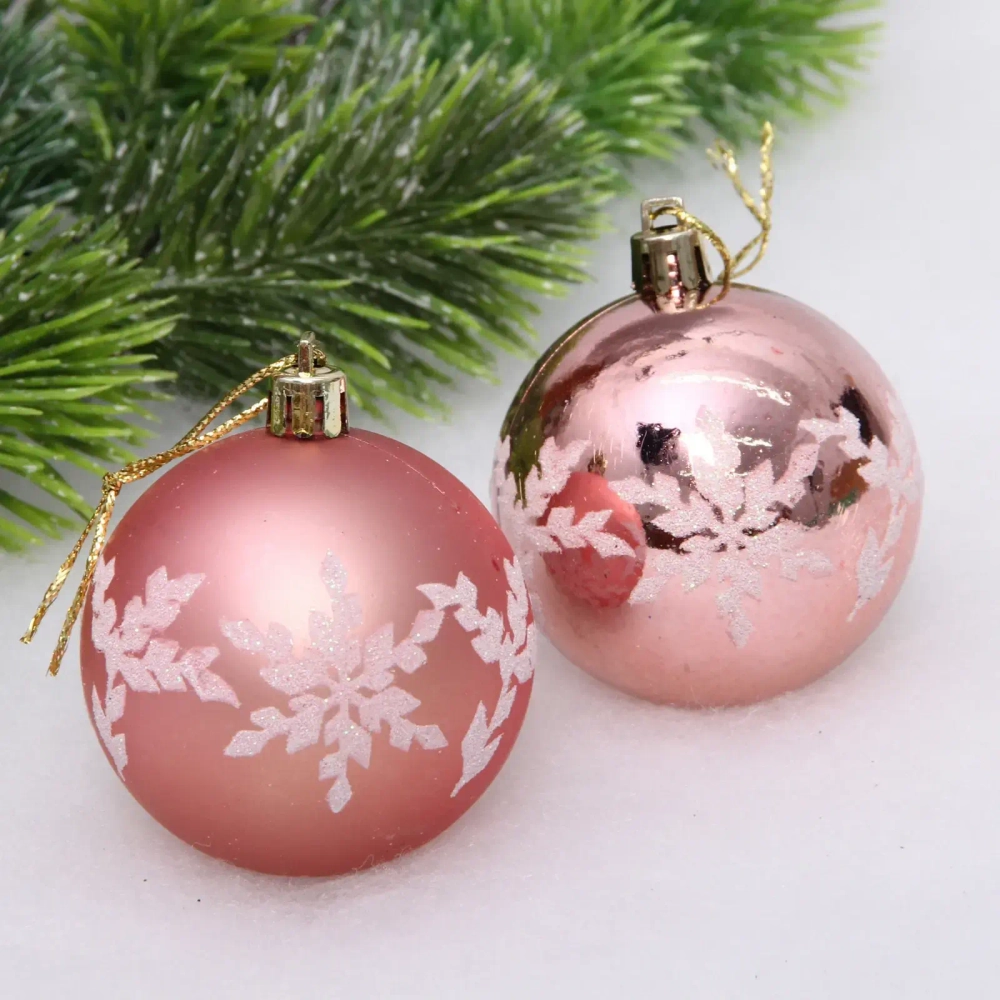 Новогодние шары «Снежный шарм» 6 см (набор 6 шт), Розовый