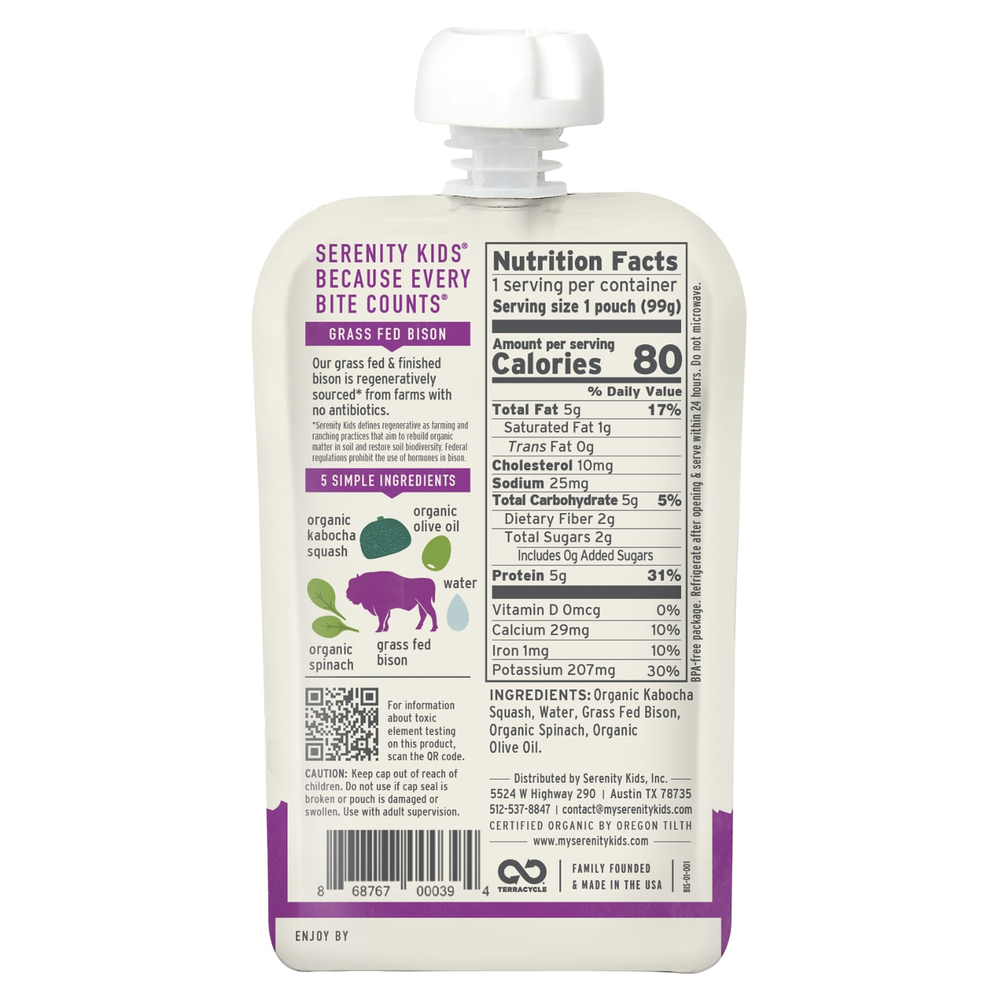 Serenity Kids, бизон травяного откорма с тыквой и шпинатом, для детей от 6 месяцев, 99 г (3,5 унции)