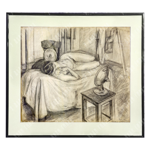 [Ню] Динес Ю. С. Обнаженная в мастерской. Бумага, итальянский карандаш. 1948 г.