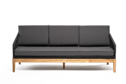"Канны" диван 3-местный плетеный из роупа, основание дуб, роуп темно-серый круглый, ткань темно-серая 019