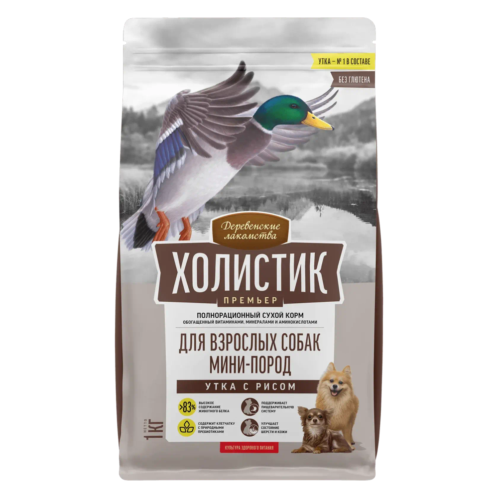 Сухой корм Деревенские лакомства Холистик Премьер для взрослых собак мини-пород Утка с рисом 1кг