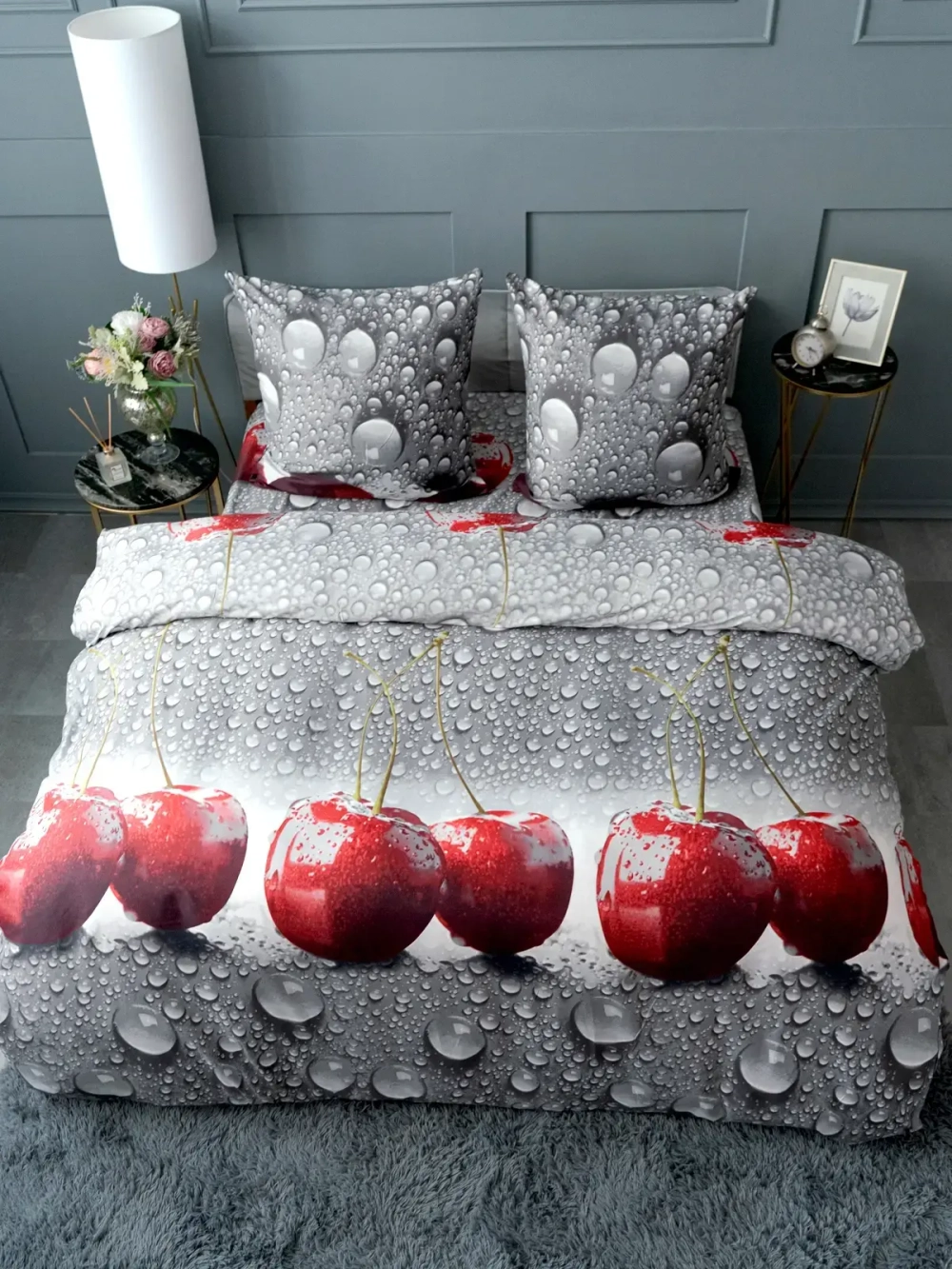 Постельное белье 2,0 полисатин Павлайн с Евро простыней Вишня в воде 6975-10