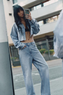 ZARA ДЖИНСЫ TRF ПРЯМОГО КРОЯ СТРАЗЫ С ВЫСОКОЙ ПОСАДКОЙ, СИНИЙ