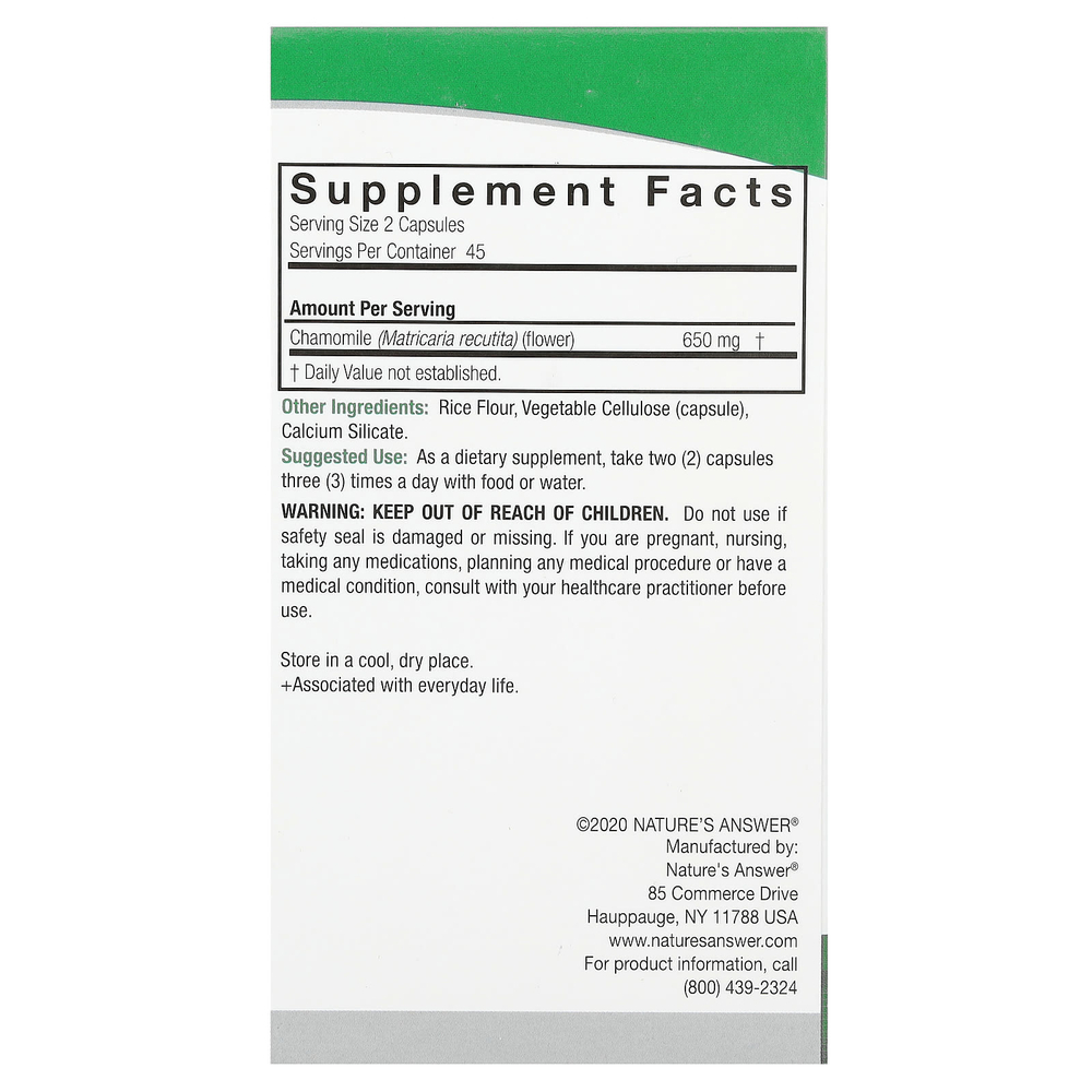 Nature's Answer, ромашка, 90 вегетарианских капсул (325 мг в 1 капсуле)
