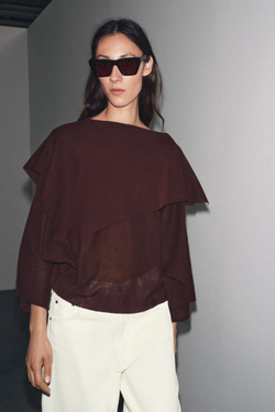 ZARA ОДНОТОННЫЙ ТРИКОТАЖНЫЙ ТОП-НАКИДКА, БАКЛАЖАННЫЙ