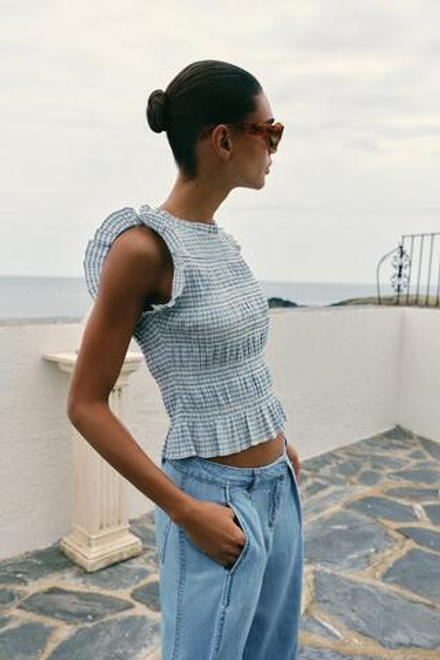 ZARA ТОП В КЛЕТКУ ВИШИ С ЭФФЕКТОМ ЖАТКИ, ЭКРЮ/СИНИЙ