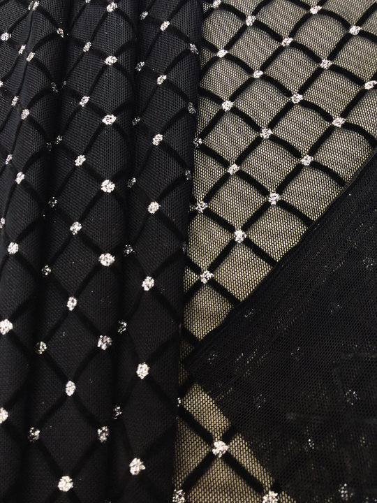 Сетка флок ромб, черный люрекс серый BCBG