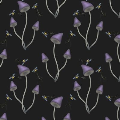 Фиолетовые грибы и светлячки на черном